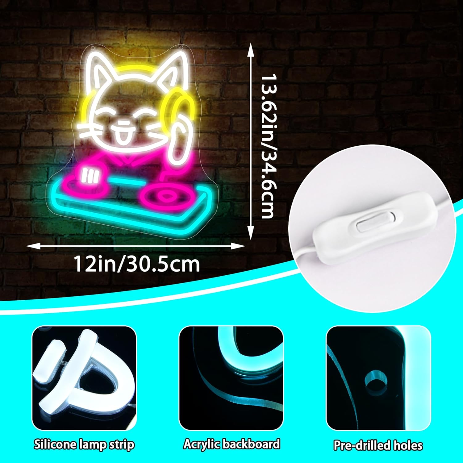 DJ Cat Neon Sign Dimmable Cat  – Musical Instrument Sign Bewertung und Preis